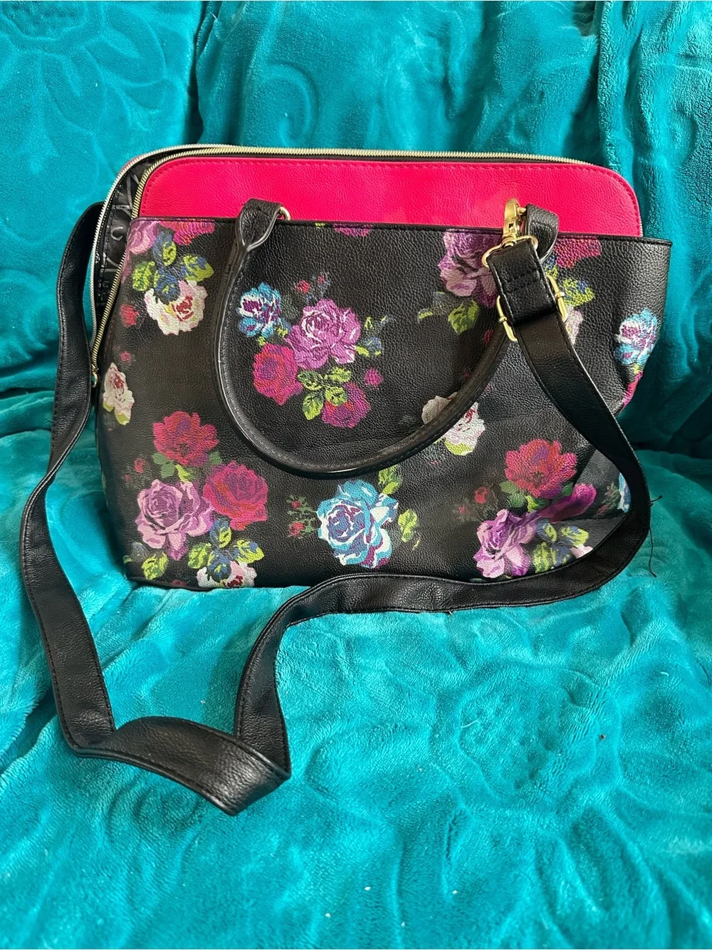 Betsey Johnson Black Floral Satchel with Pink Accent and Gold Bow